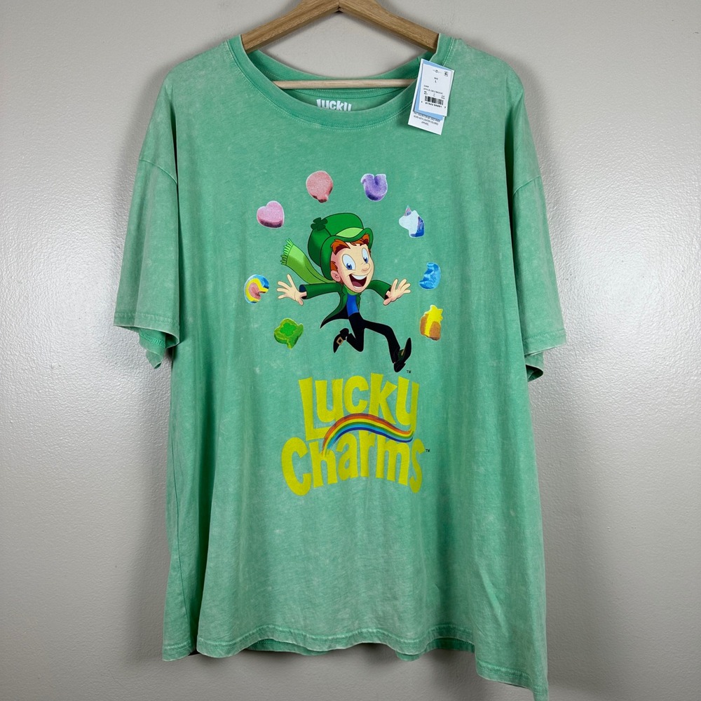 Lucky Charms Men's L Graphic Tee Green Mineral Wash Lucky Leprechaun NEW